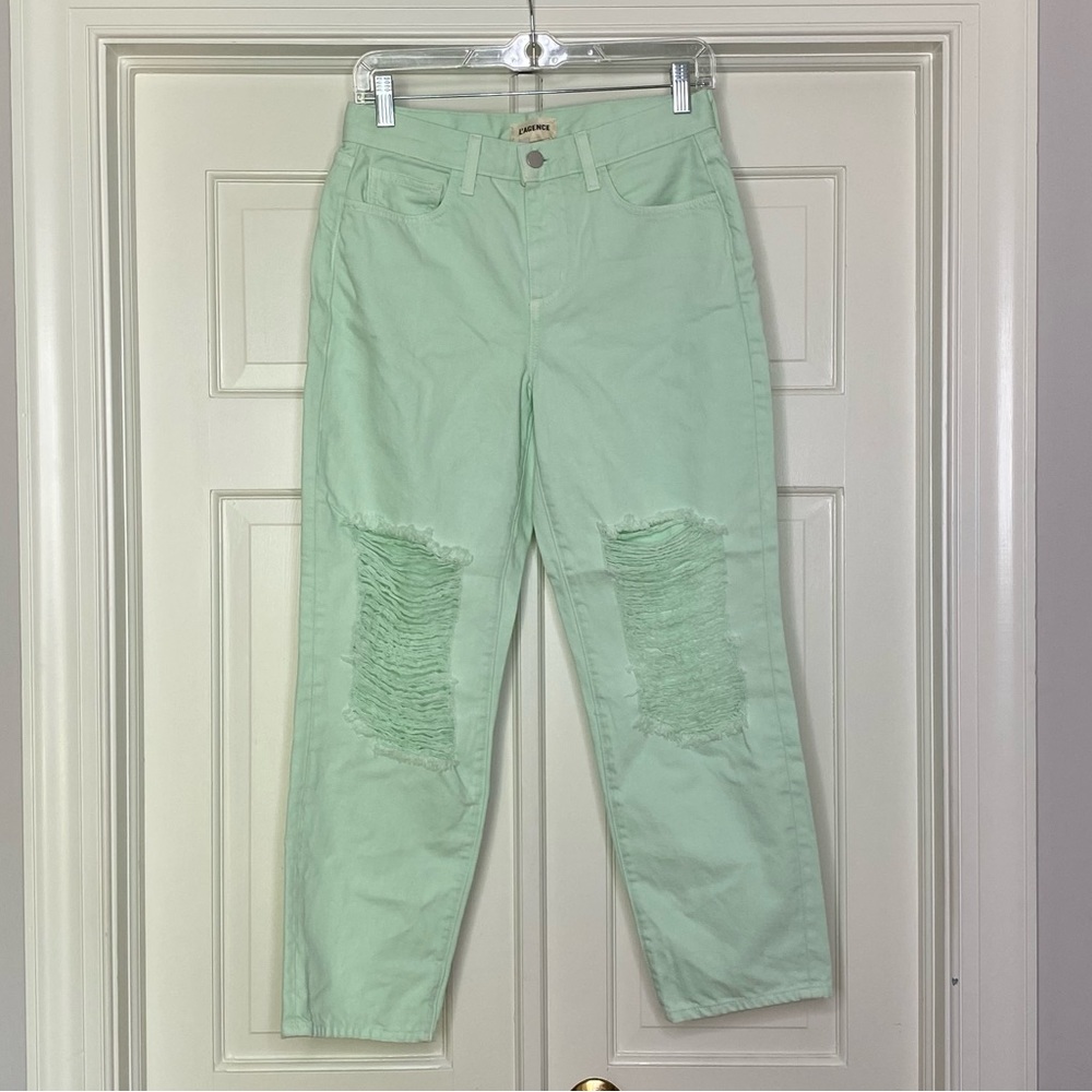 L’AGENCE Enya Distressed Straight Leg Cropped Jeans Mint Green Size 25 NWT